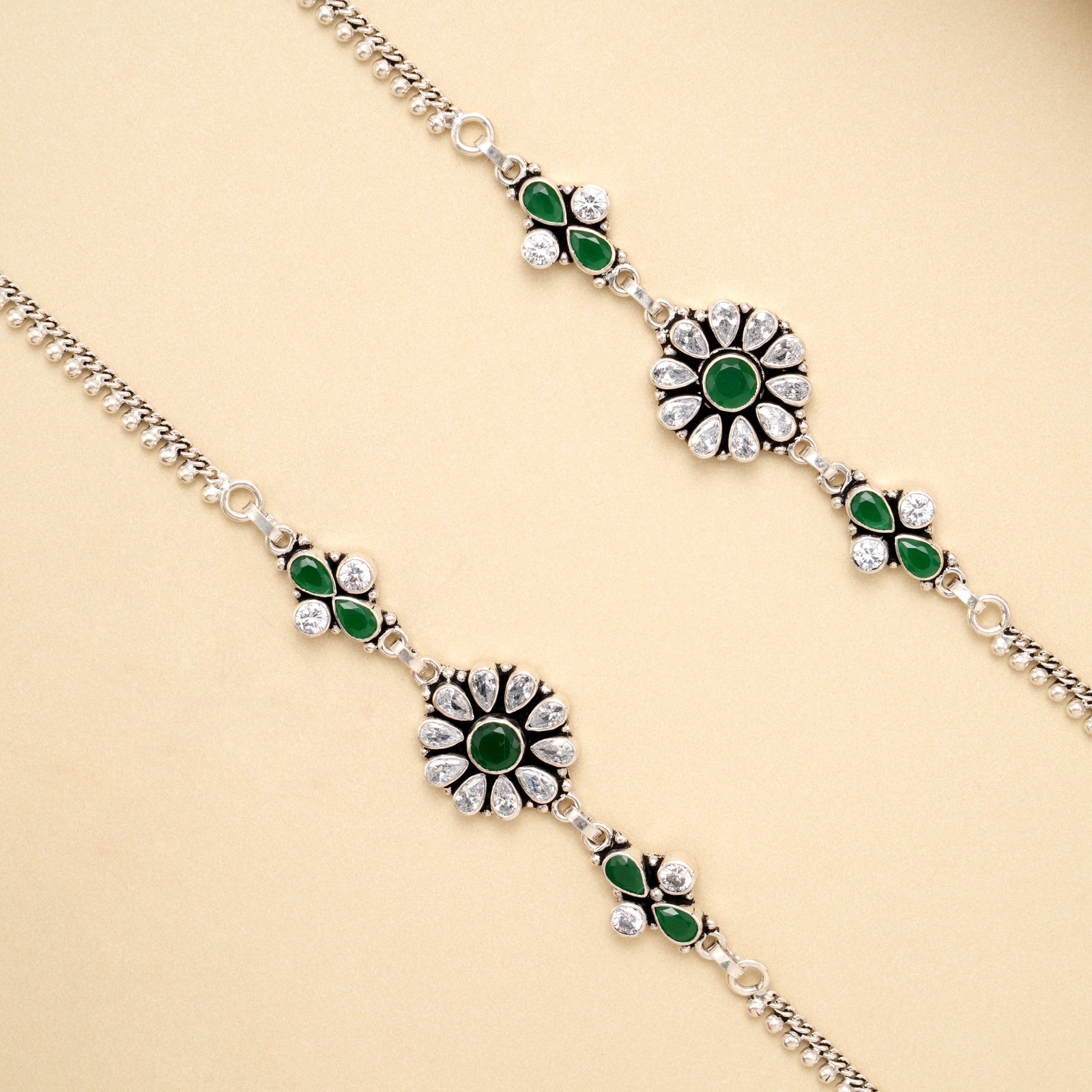 Royal Green Oval Chain Silver Anklet