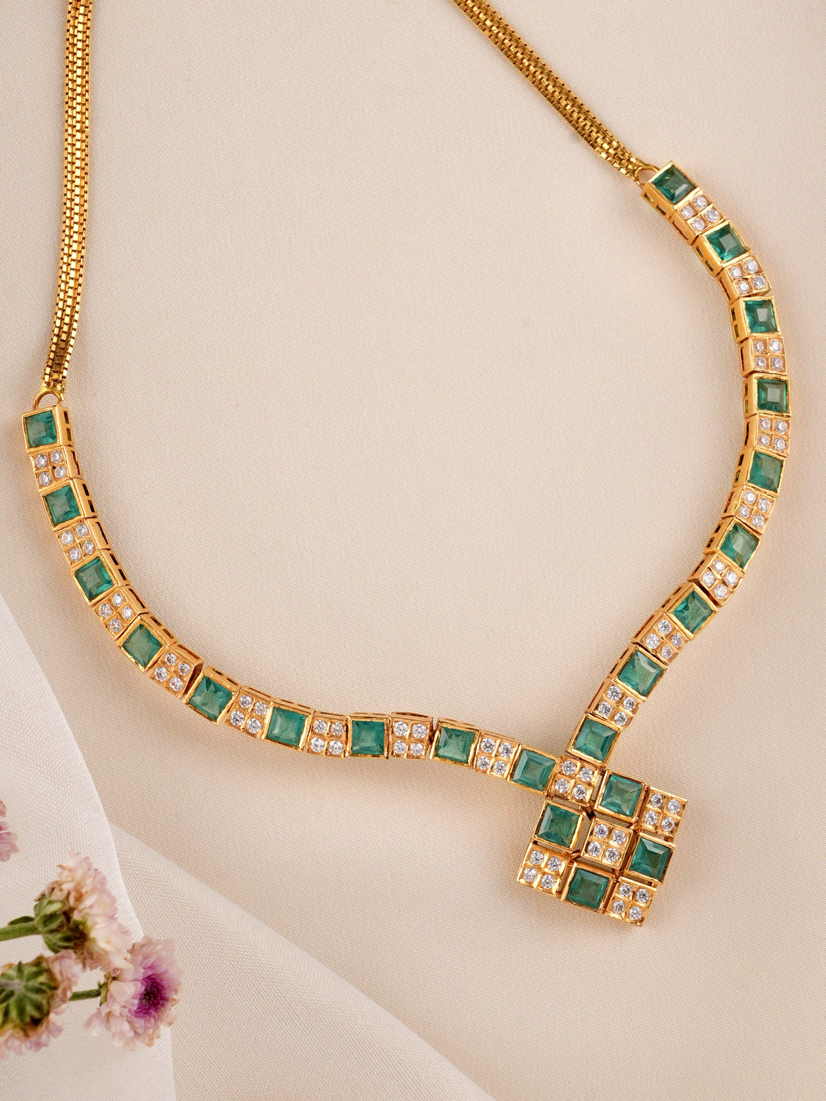 V shape Emerald And white Stone Gold Necklace