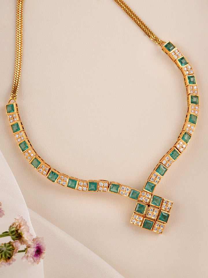 V shape Emerald And white Stone Gold Necklace