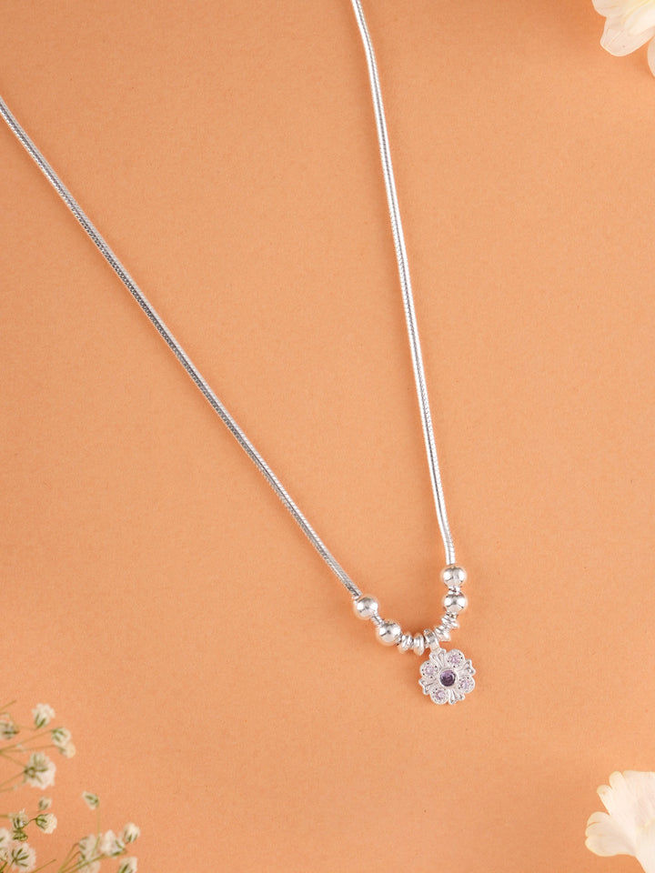 Purple Stone Floral Pendant Silver Chain