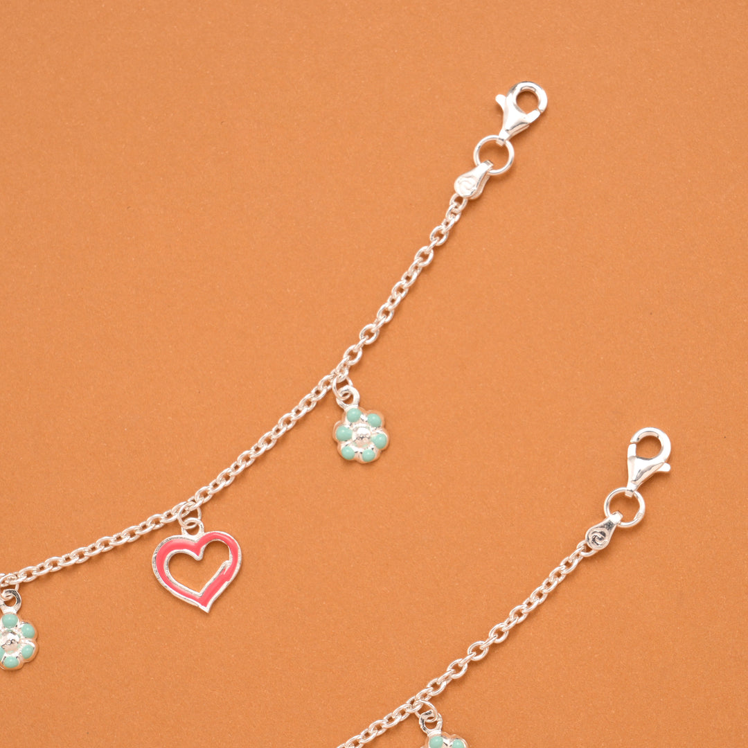 Pink Enamel Heart Silver Baby Anklets