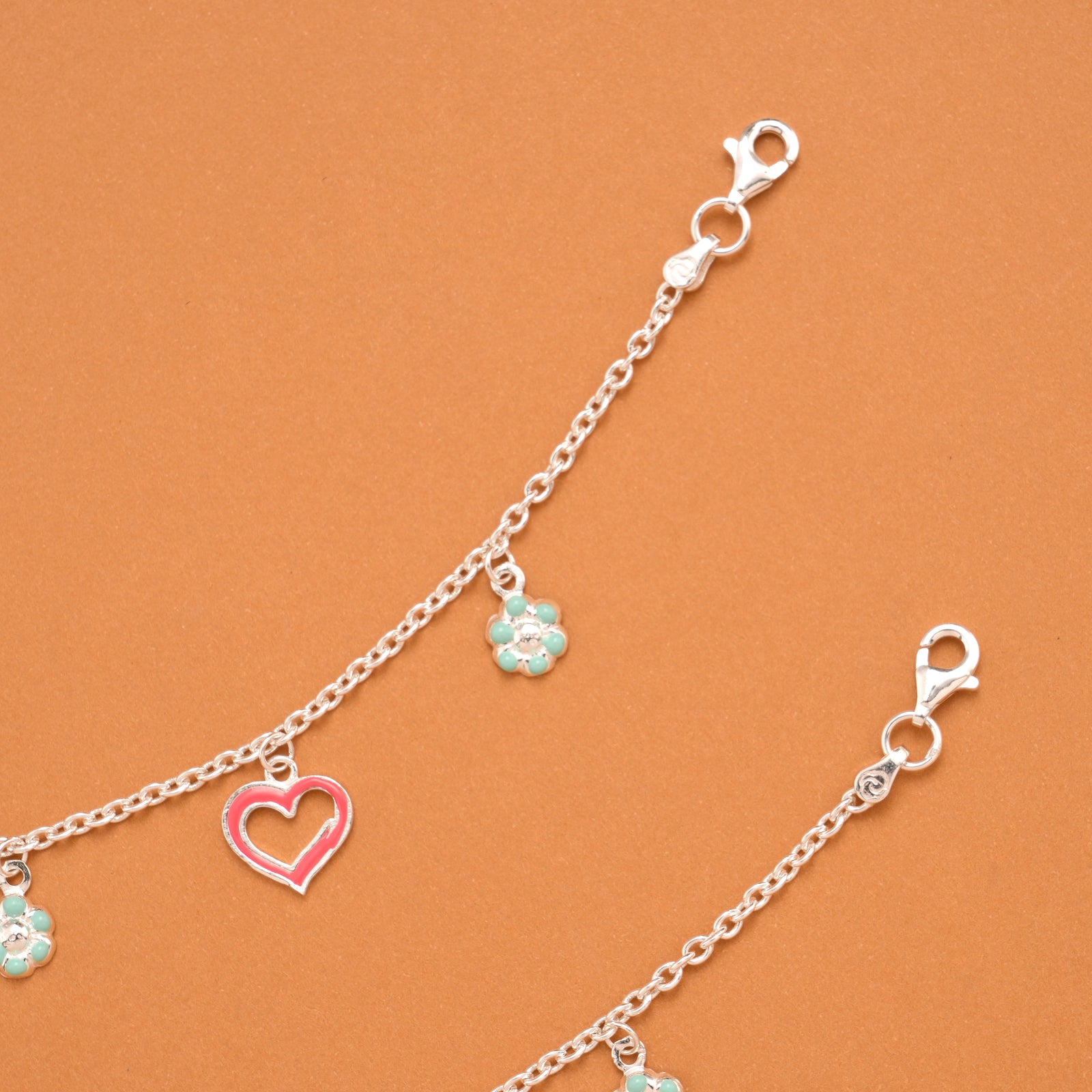Pink Enamel Heart Silver Baby Anklets