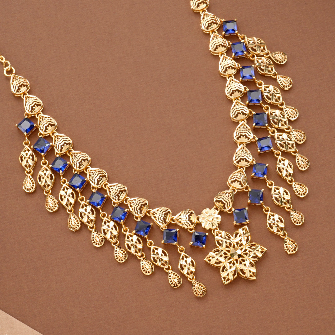 Fancy Floral Pendant Blue Stone Golden Necklace Set