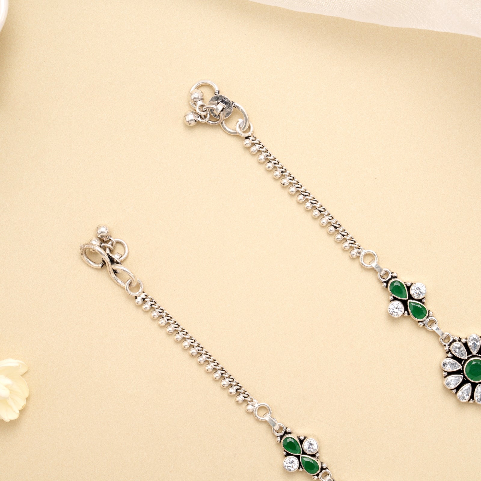 Royal Green Oval Chain Silver Anklet