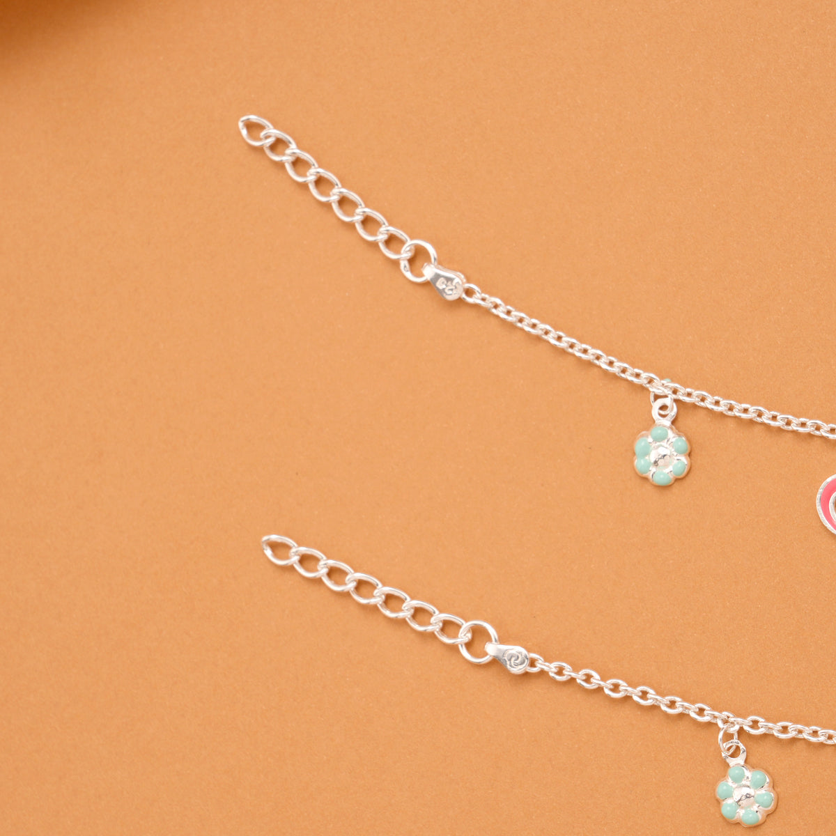 Pink Enamel Heart Silver Baby Anklets