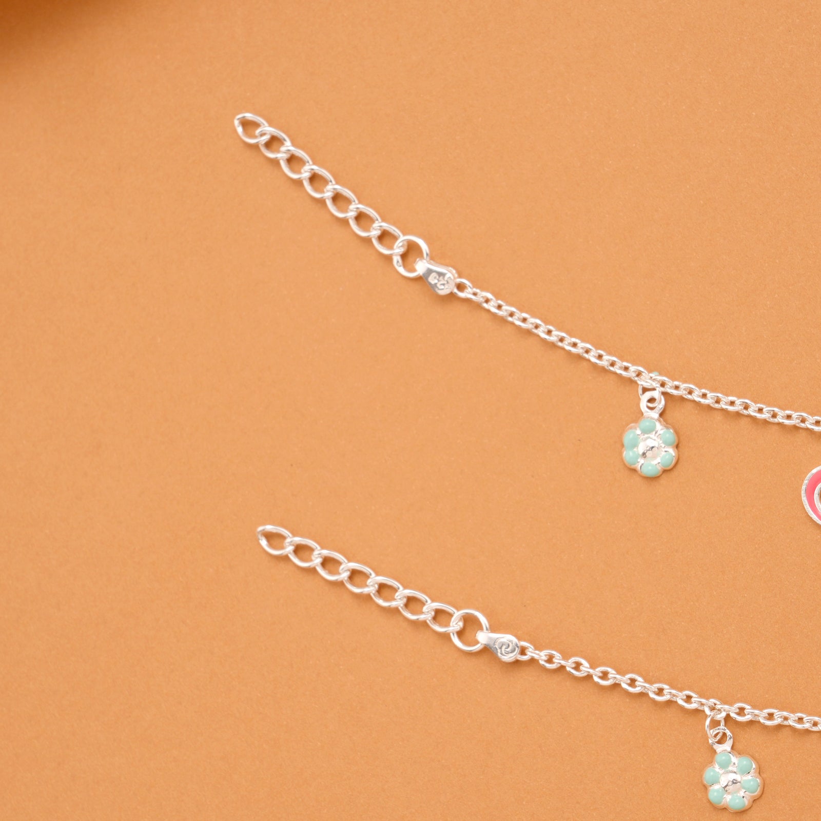 Pink Enamel Heart Silver Baby Anklets