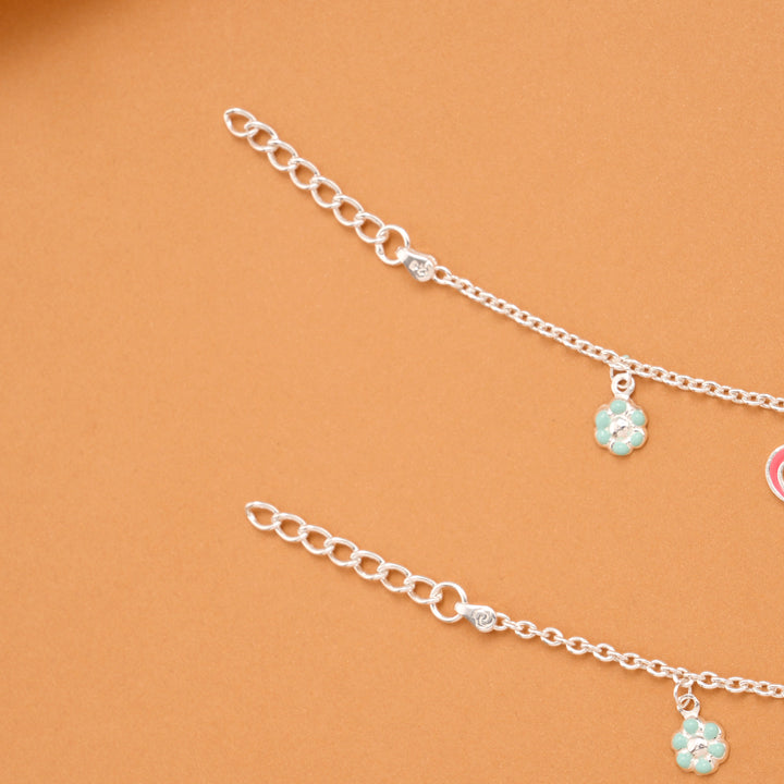 Pink Enamel Heart Silver Baby Anklets