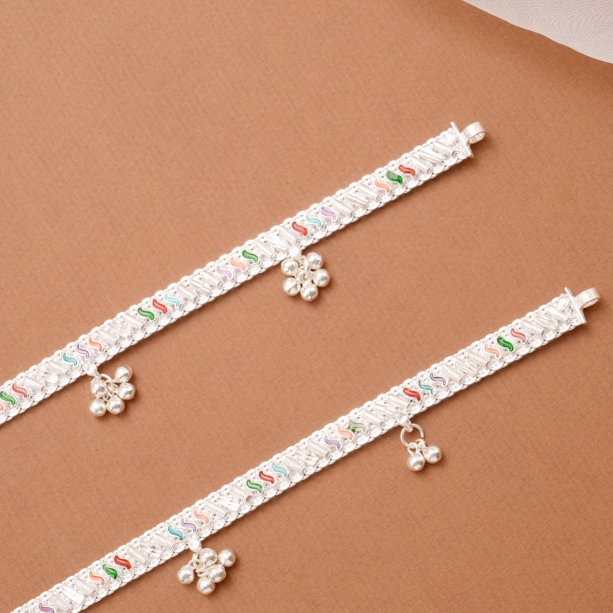 Graceful Enamel Charm Bell Drop Silver Anklet