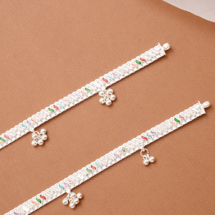 Graceful Enamel Charm Bell Drop Silver Anklet