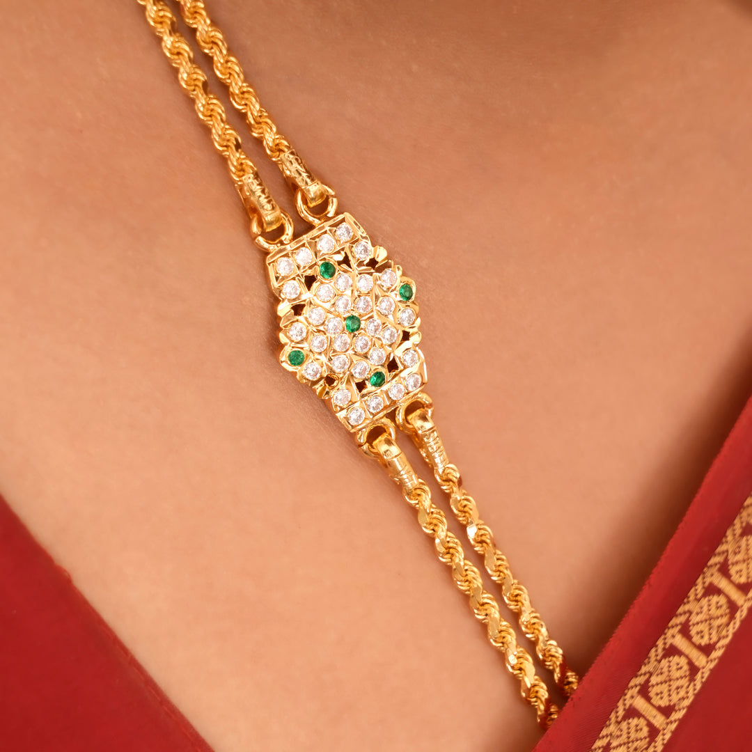 Green Stone Silver Rettai Vadam Mugappu Chain