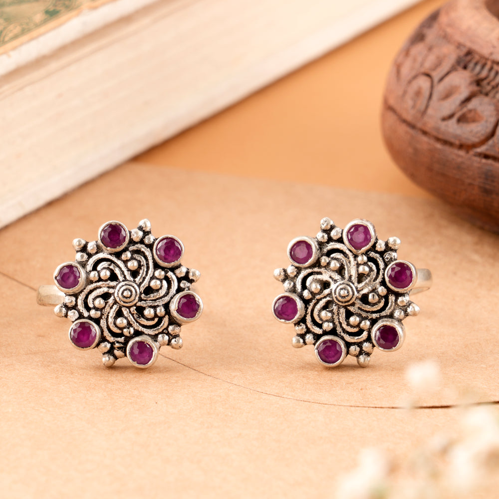 Ethnic Stone Blossom Antique Silver Toe Ring