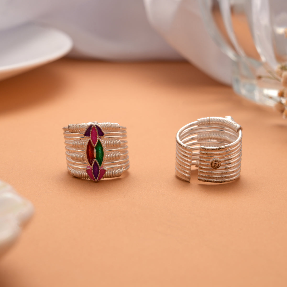 Grateful Colourful Enamel Design Silver Toe Ring