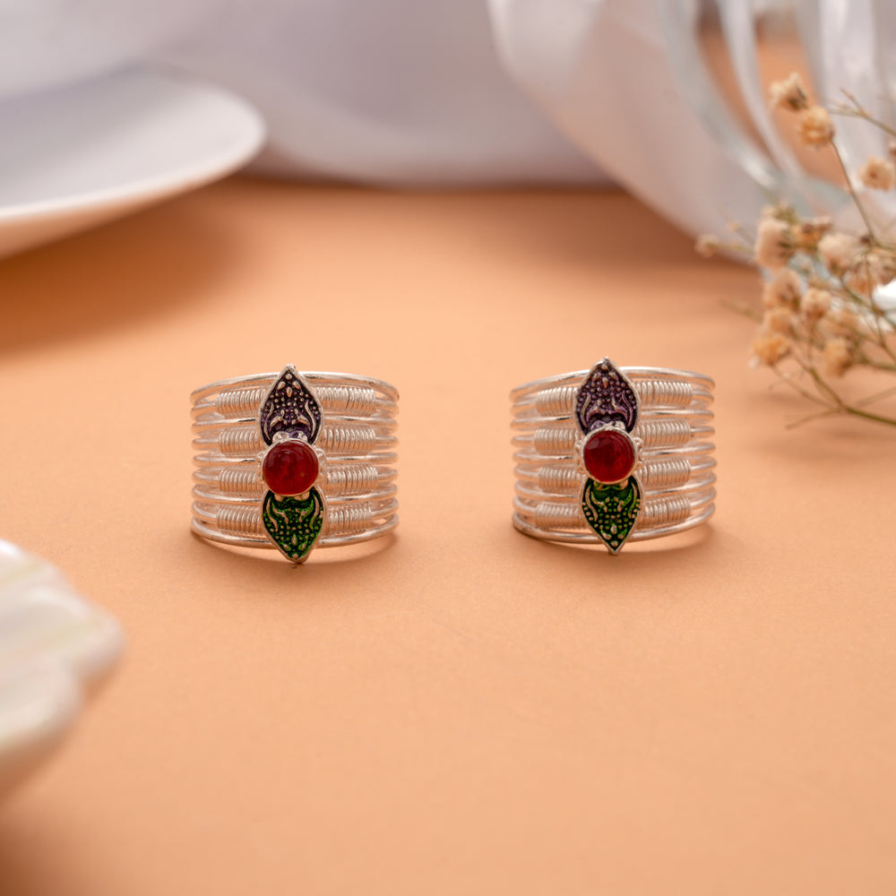 Bold Dual Leaf Enamel Silver Toe Ring