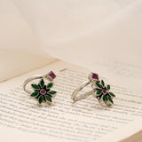 Elegant Floral Emerald Silver Toe Ring