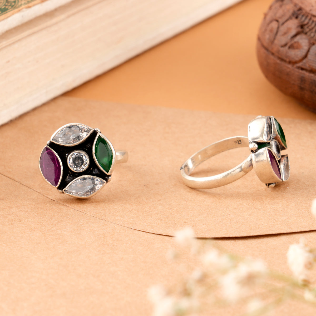 Multi Color Stone Antique Silver Toe Ring