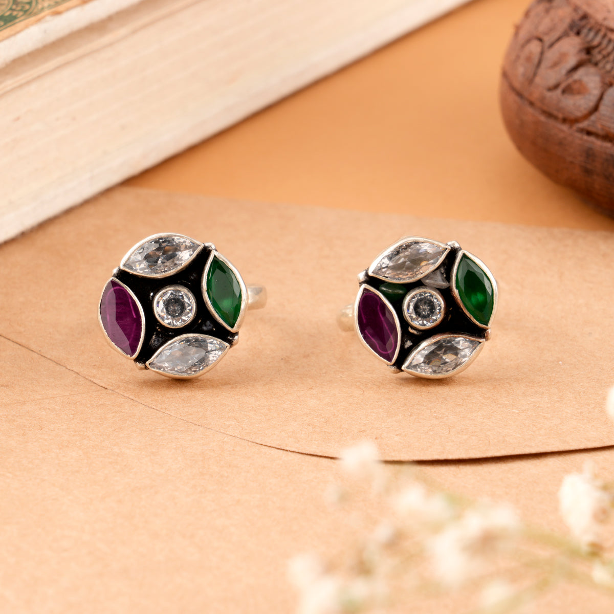 Multi Color Stone Antique Silver Toe Ring