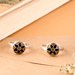 Blue Round Floral Silver Toe Ring