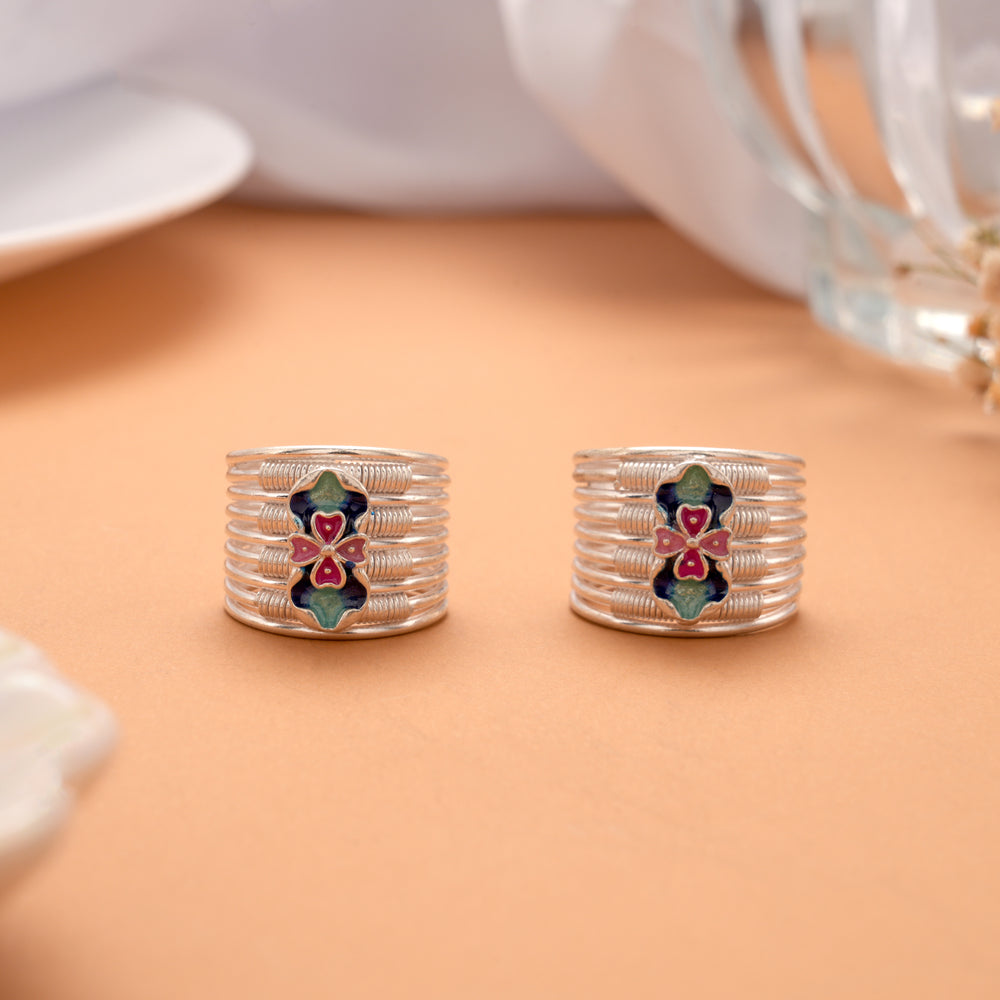Fancy Pink Floral Enamel Silver Toe Ring