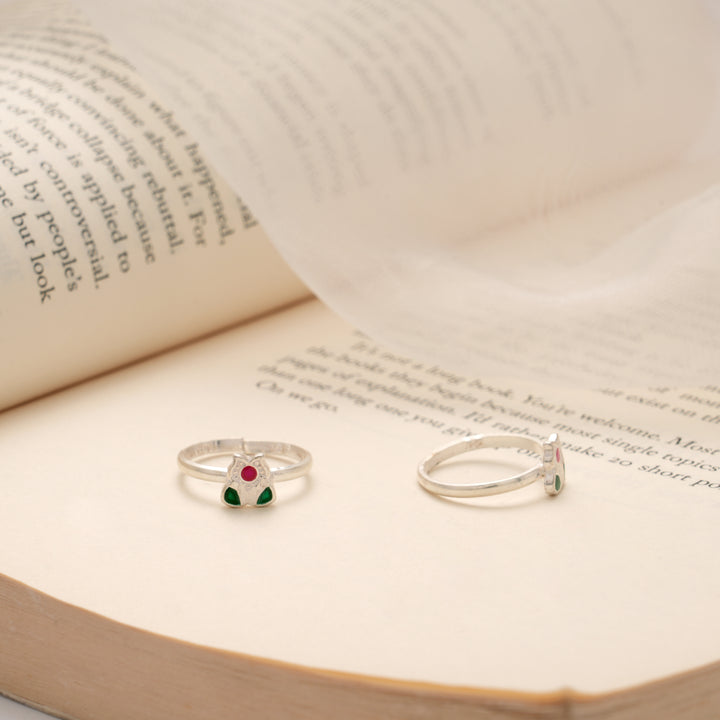 Green and Red Enamel Floral Silver Toe Ring