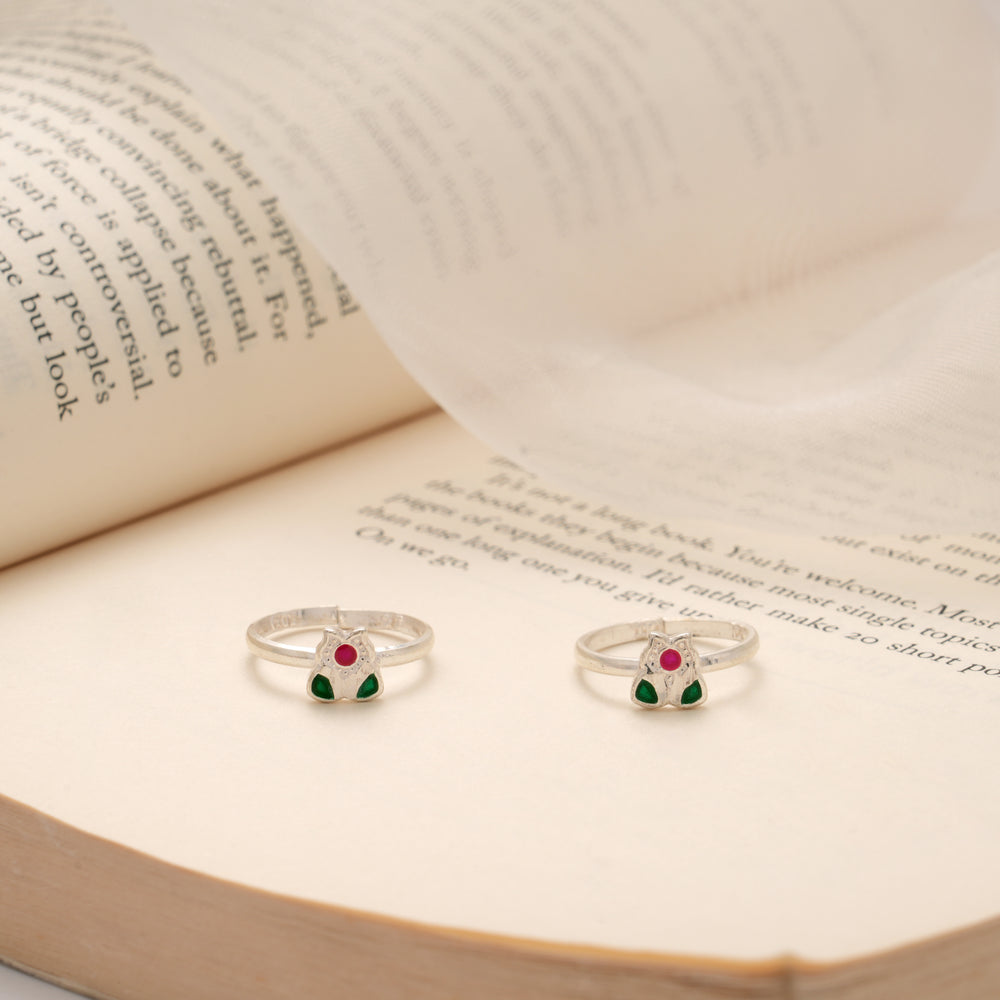 Green and Red Enamel Floral Silver Toe Ring