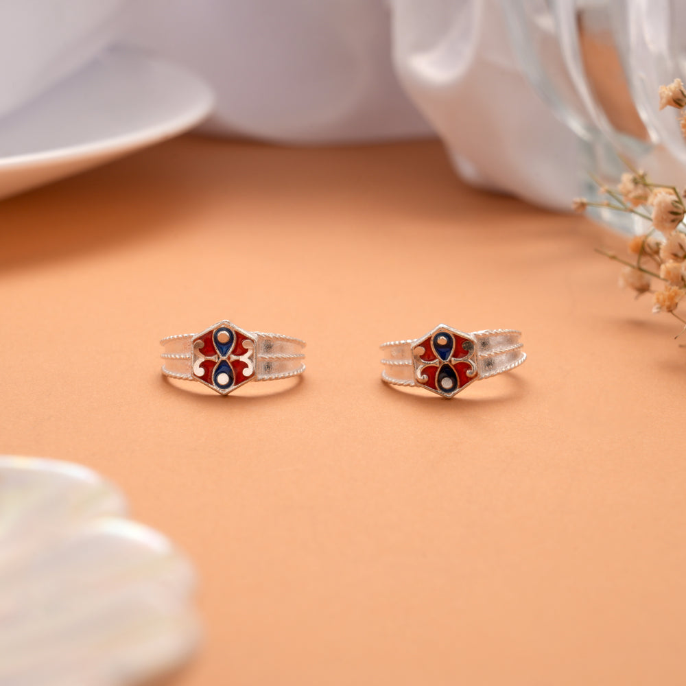 Fancy Red with Blue Enamel Silver Toe Ring