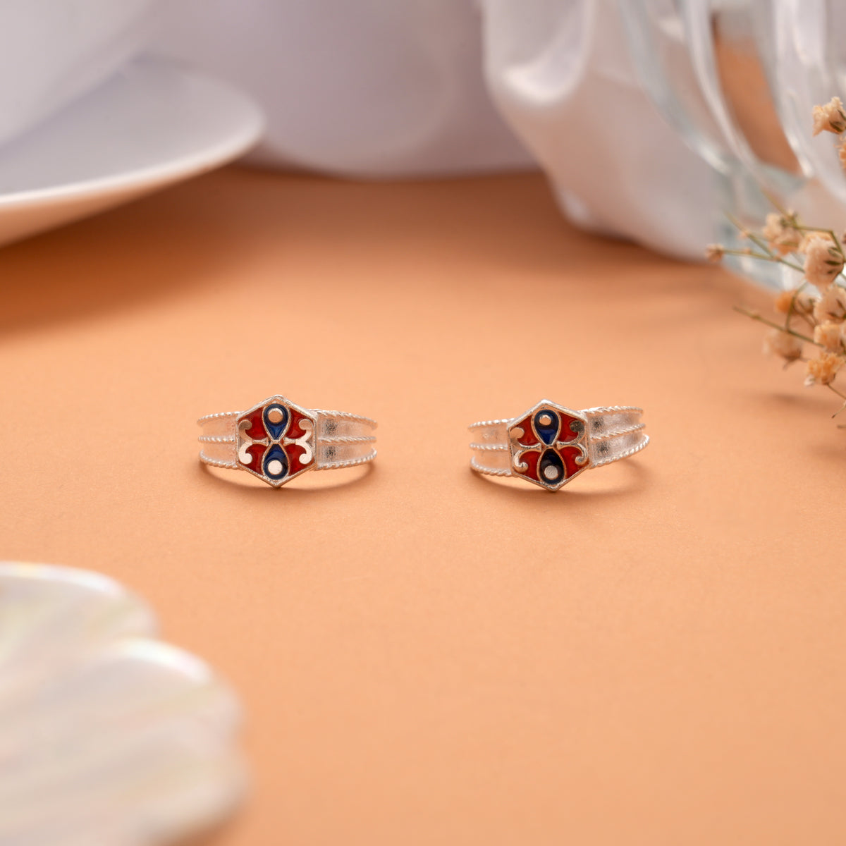Fancy Red with Blue Enamel Silver Toe Ring