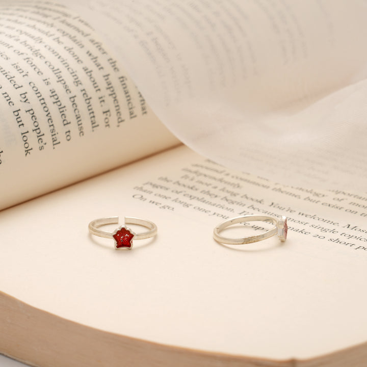 Minimalist Red Enamel Floral Silver Toe Ring