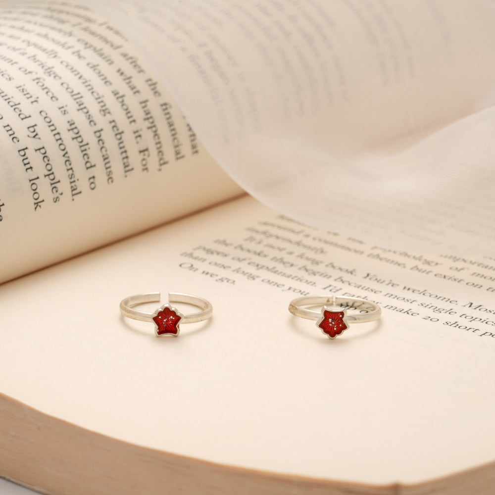 Minimalist Red Enamel Floral Silver Toe Ring