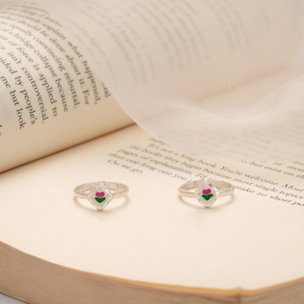 Pink and Green Heart Enamel Silver Toe Ring