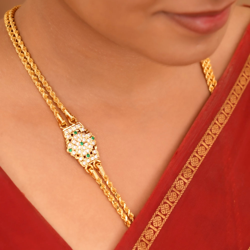 Green Stone Silver Rettai Vadam Mugappu Chain