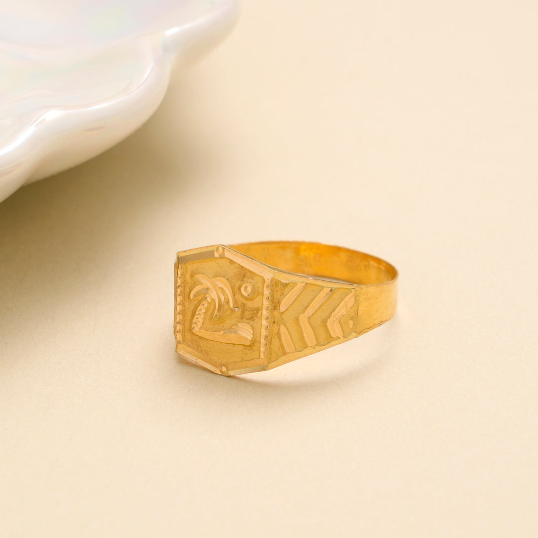 Floral Engraved Gold Signet Ring for Men