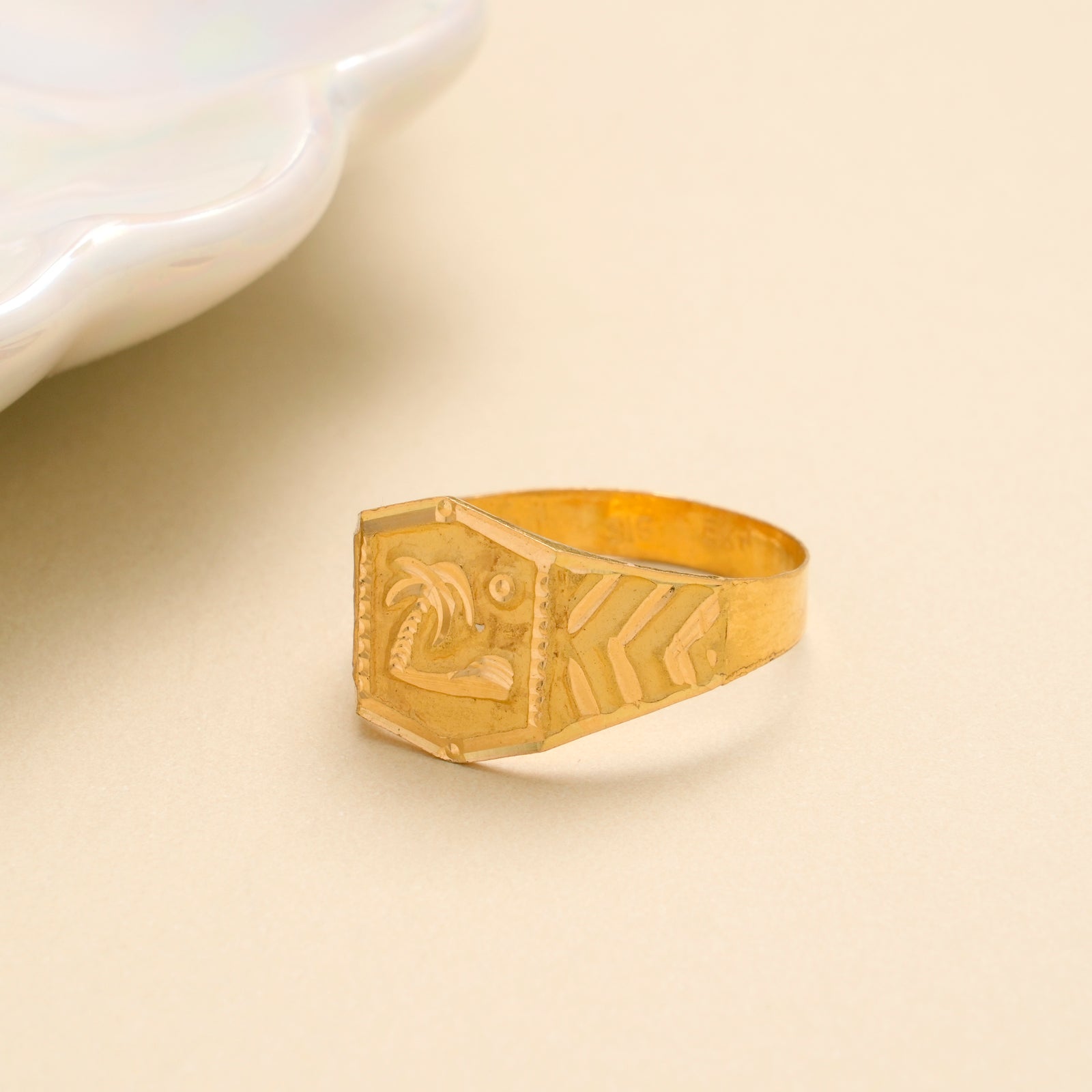 Floral Engraved Gold Signet Ring for Men