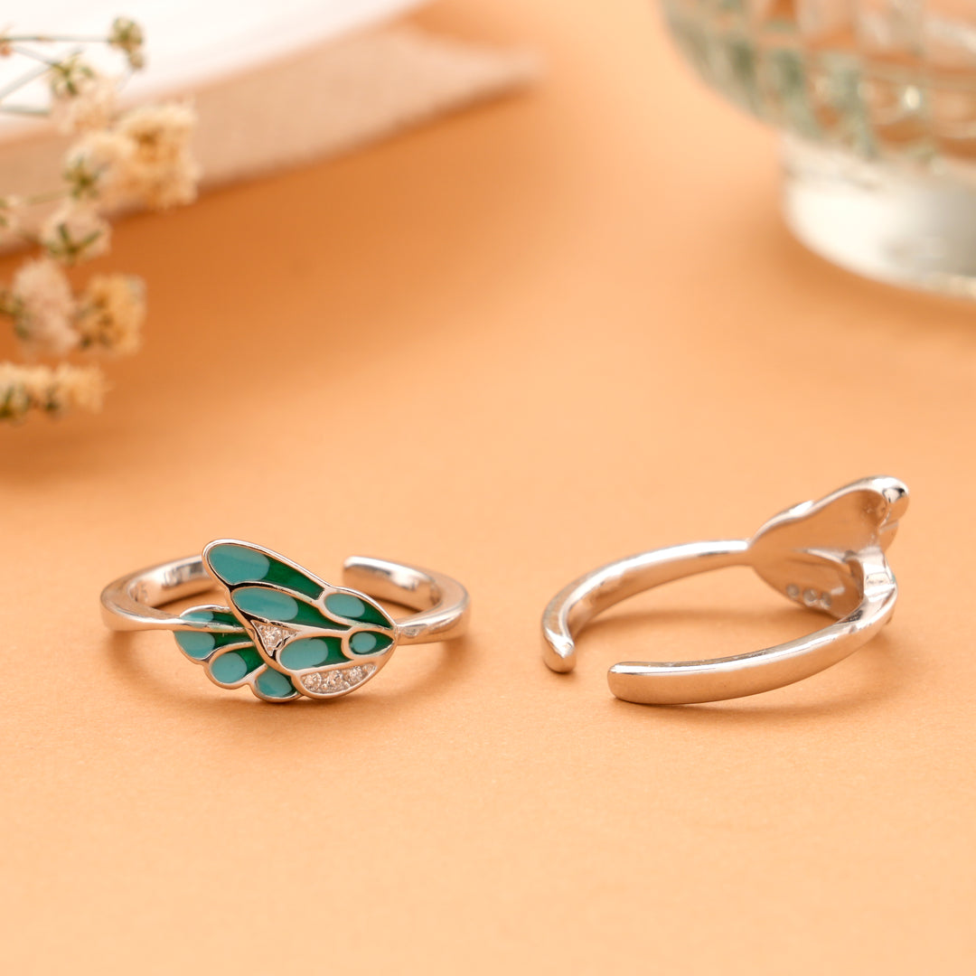 Teal Layered Wing Silver Toe Ring