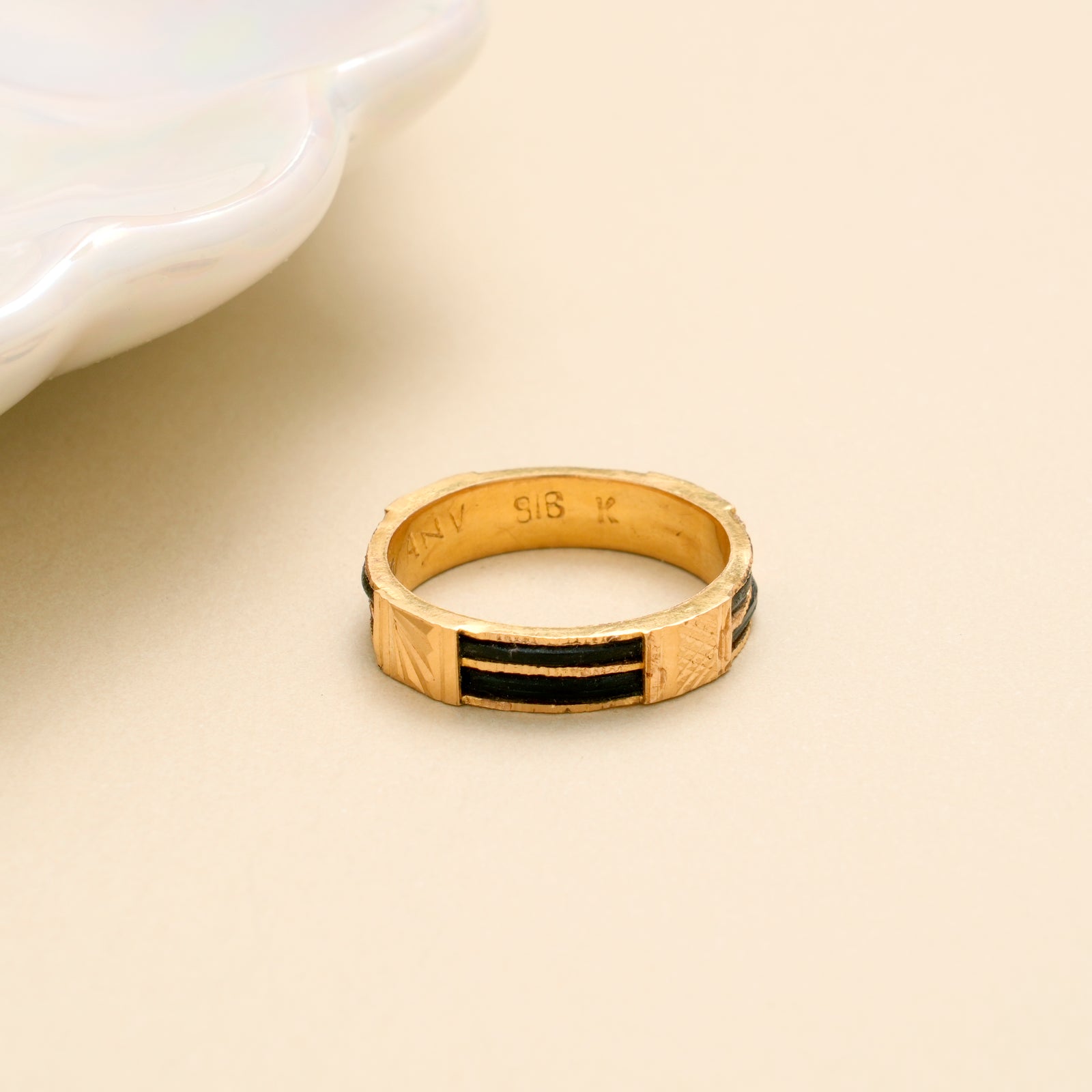 Modern Dual Black Line Band Gold Ring