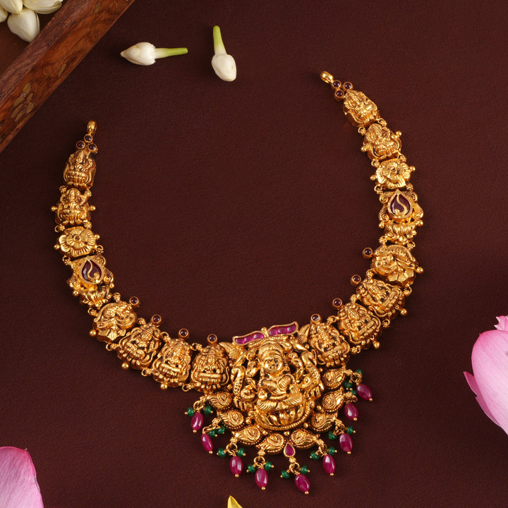 Nagas Ruby Bead Gold Lakshmi Necklace