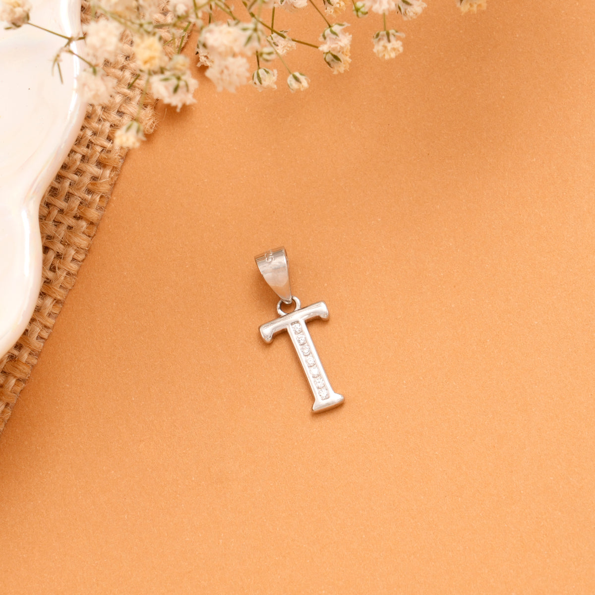 Minimal T with Stone Letter Silver Pendant