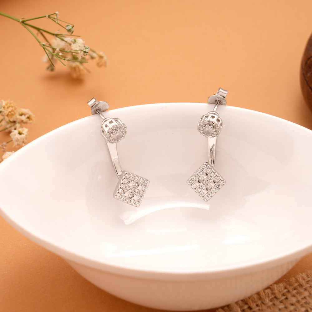 Minimal Rhombus Silver Ear Jacket Earrings
