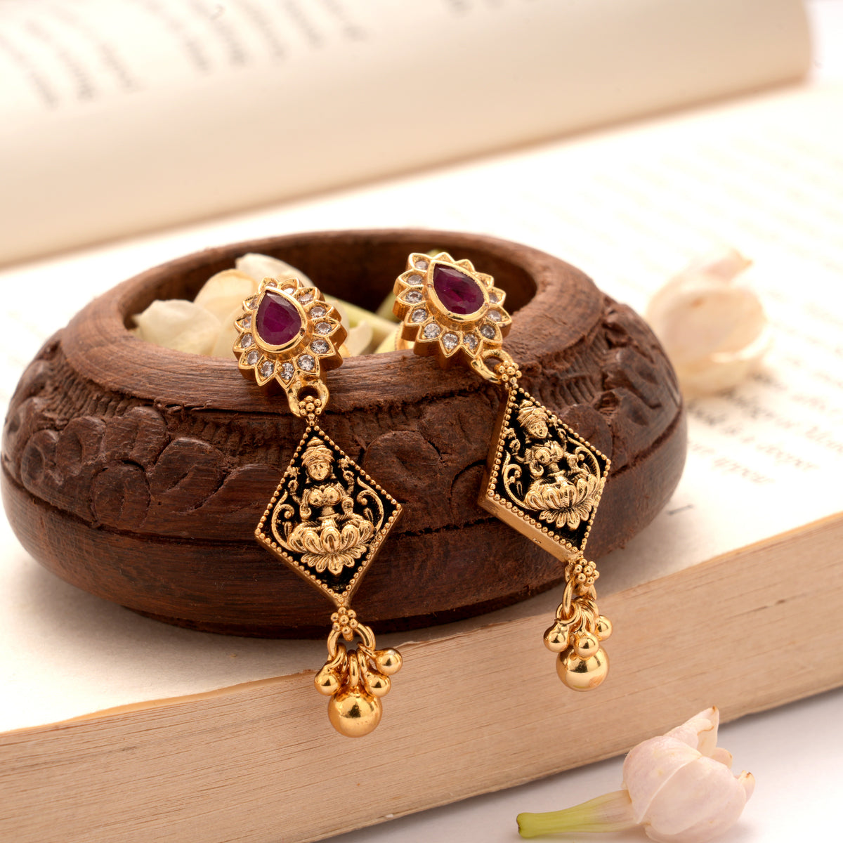 Antique Teardrops Ruby Stone with Lakshmi Golden Earrings