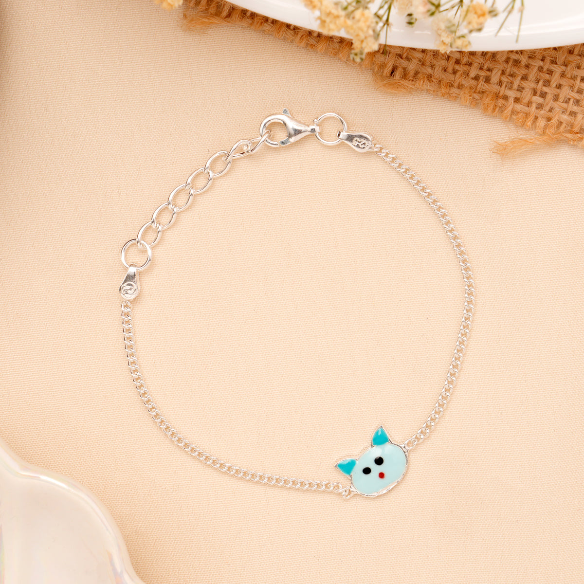 Blue Cat Face Enamel Baby Silver Bracelet