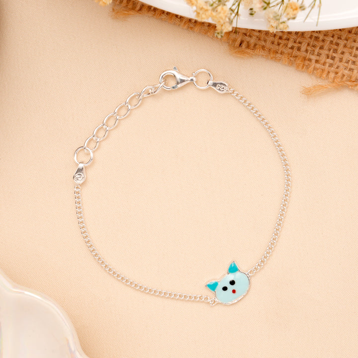 Blue Cat Face Enamel Baby Silver Bracelet