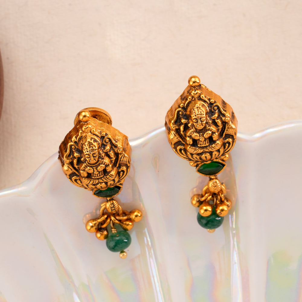 Antique Lakshmi Green Beads Silver Earrings