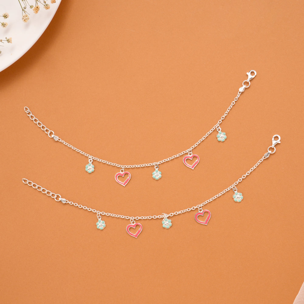Pink Enamel Heart Silver Baby Anklets