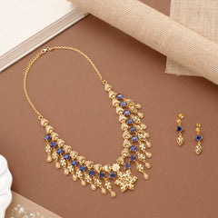 Fancy Floral Pendant Blue Stone Golden Necklace Set
