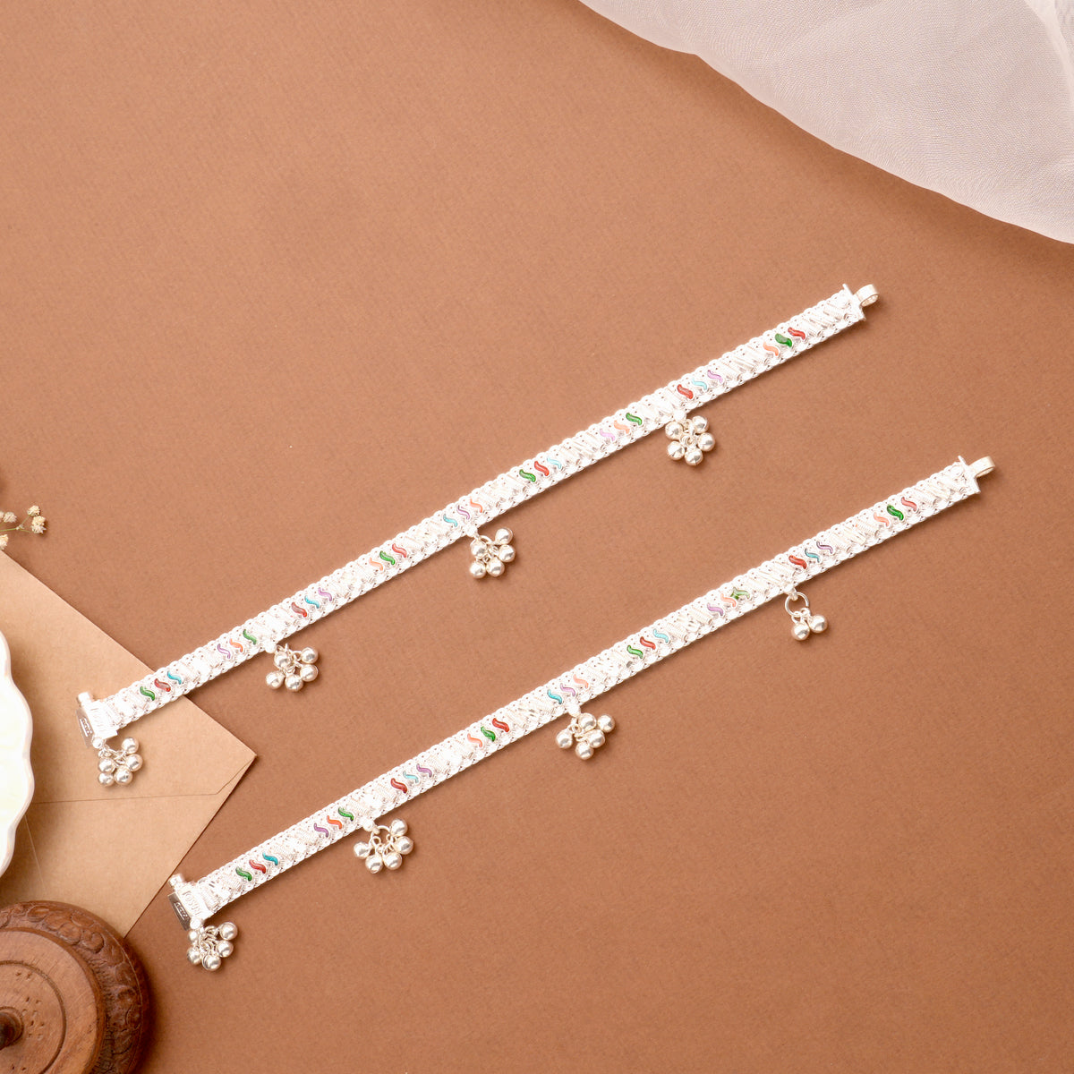 Graceful Enamel Charm Bell Drop Silver Anklet