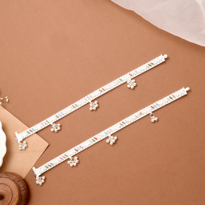 Graceful Enamel Charm Bell Drop Silver Anklet
