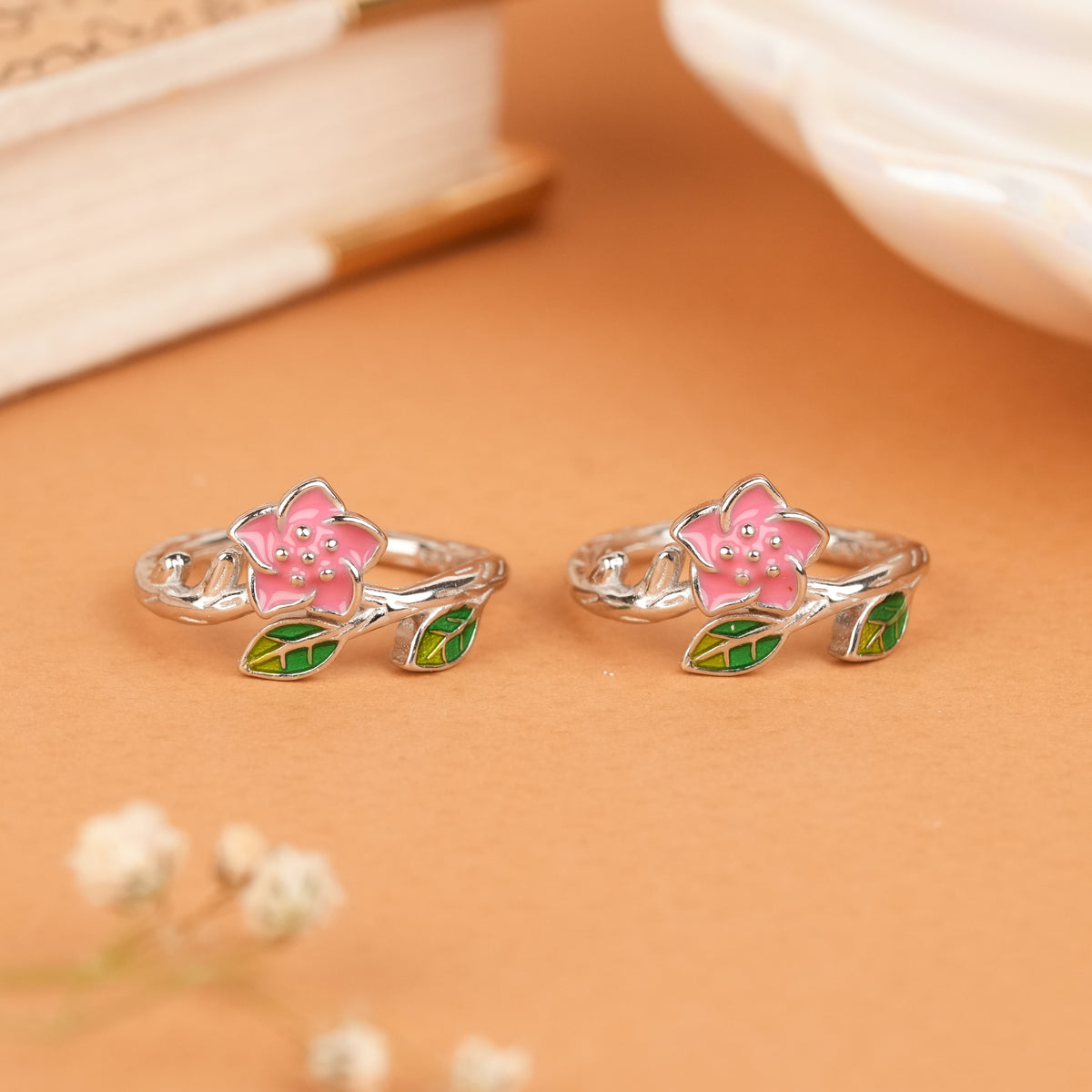 Natural Rose Enamel Silver Toe Ring