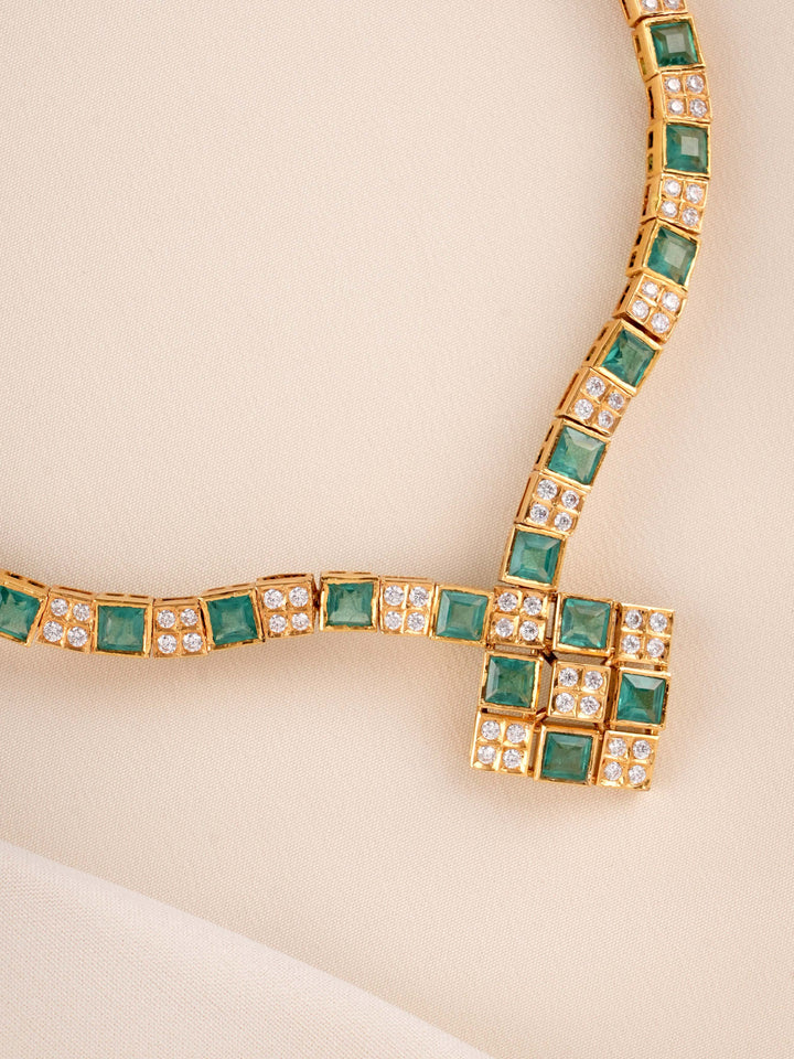 V shape Emerald And white Stone Gold Necklace