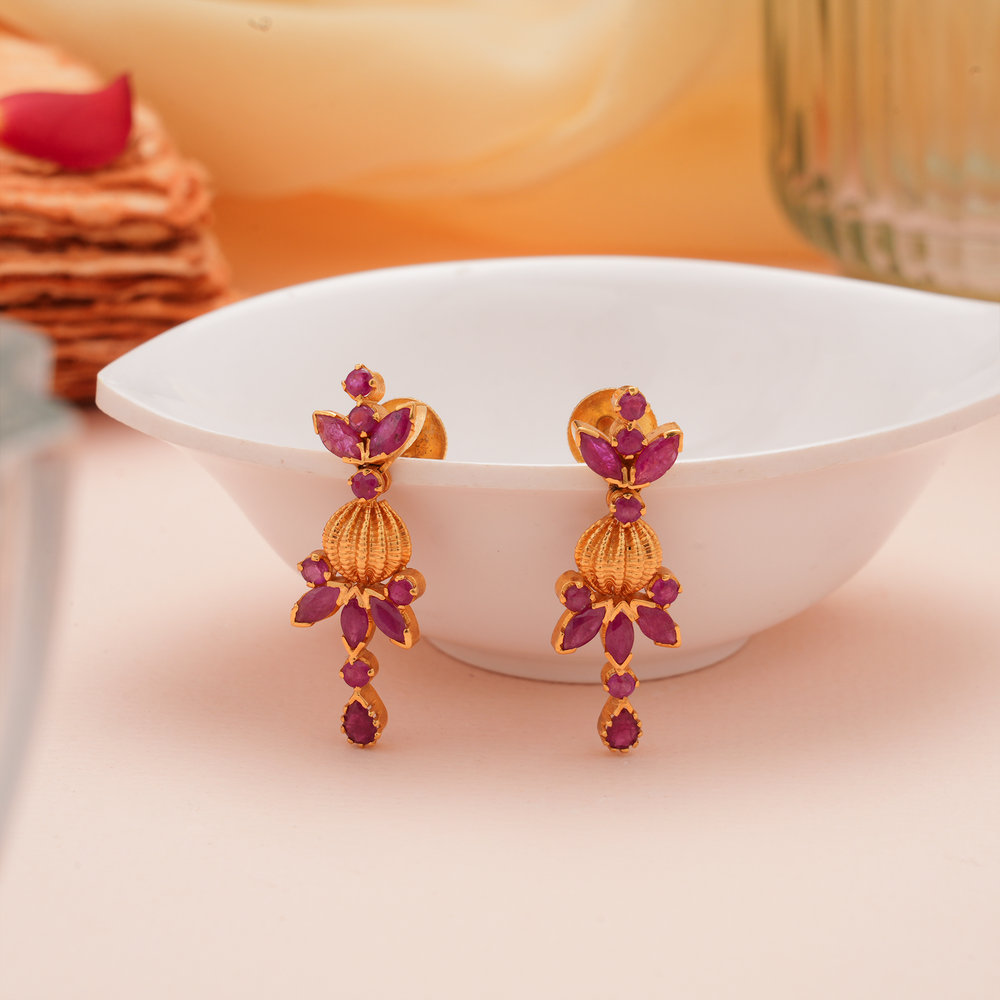 Bloom Ruby Drop Gold Leaf Earrings
