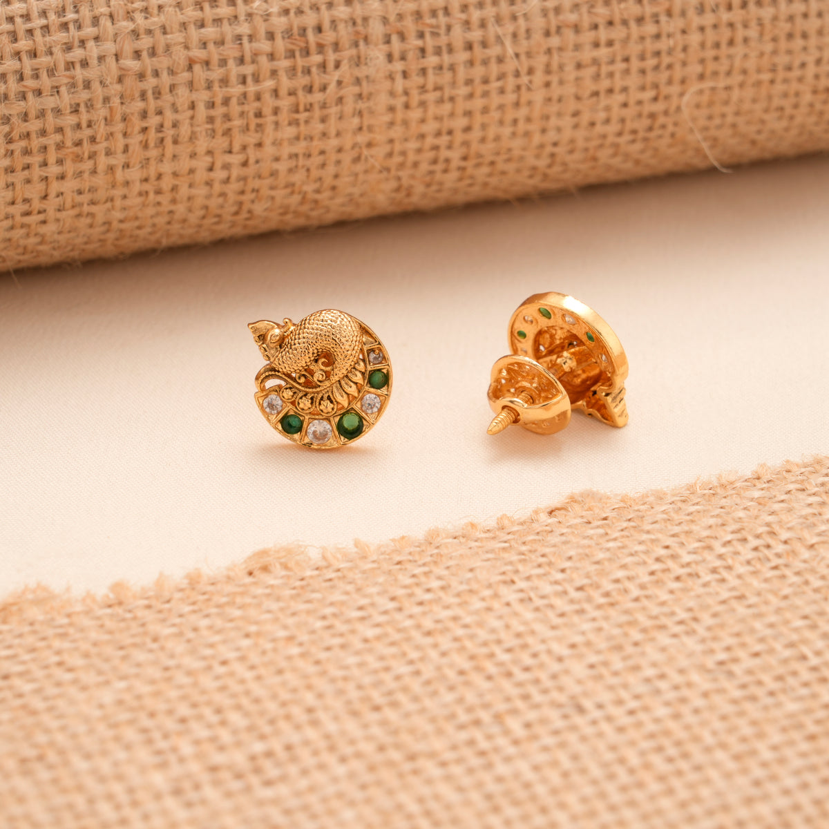 Golden Peacock Stud with Emerald Stones