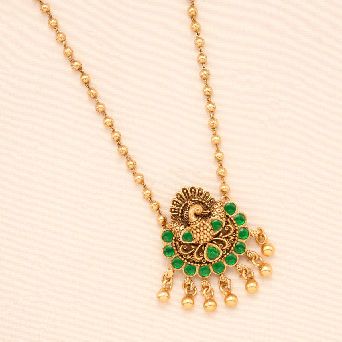 Antique Peacock Emerald Pendant Golden Necklace Set